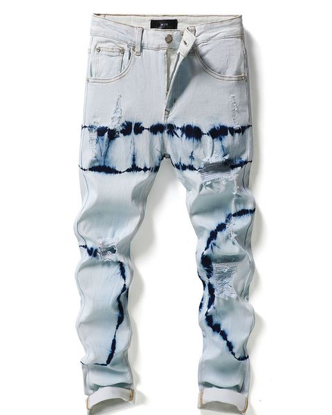 Pantaloni in denim di jeans alla moda alla moda invecchiati blu americani di design strappati High Street