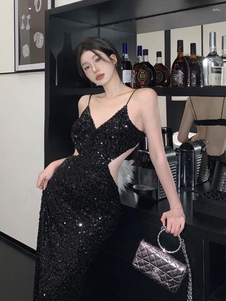Vestidos casuais vestido de festa mulheres elegantes luxuosos com suspensório de lantejouno preto recorte sexy glitter maxi