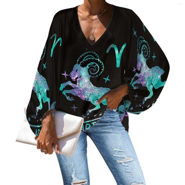 Blouses Femmes 2023 Design 12 Constellation Dames Blouse Mode Hipster Lâche Manches Longues Sexy Tops Col En V En Mousseline De Soie Chemise Bélier Imprime 4XL