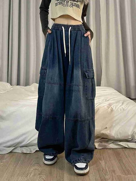 Frauen Jeans Grunge heißes Mädchen Vintage Big Tasche Übergroße Baggy Fracht Jeans Frau Elastische Taille gerade Weitbein Hosen Frauen Jeanshosen YQ231220