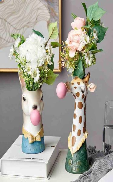 Harz Cartoon Tierkopf Vase Blumen Pot Bubble Gum Zebra Giraffe Panda Hirsch Bunny Bären Tierkreative Handwerk Dekoration 2104098226454