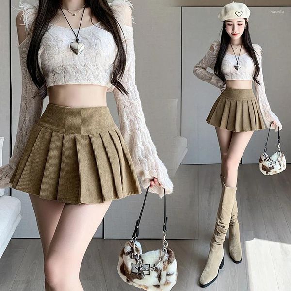 Saias mini saia y2k roupas kawaii coreano irregular outono inverno veludo para mulheres cintura alta plissada fenda com shorts