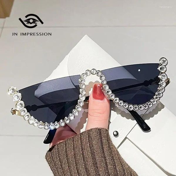 Óculos de sol grande metal semi círculo diamante incrustado exagerado passarela forma côncava lunettes de proteção travail