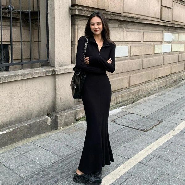 Sıradan elbiseler Sarma Uzun Kollu Kadınlar için Retro Akşam Partisi Siyah Elbise V Yastık Vino Vintage Zarif Sonbahar Sonbahar Kadın Giysileri