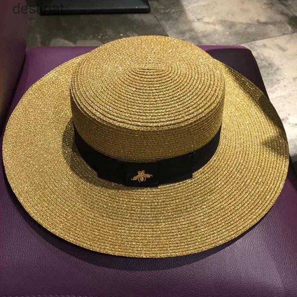 Шляпа шляпы широких краев ковша шляпы солнечные шляпы маленькая пчела соломенная шляпа Европейская и американская ретро -золото плетена