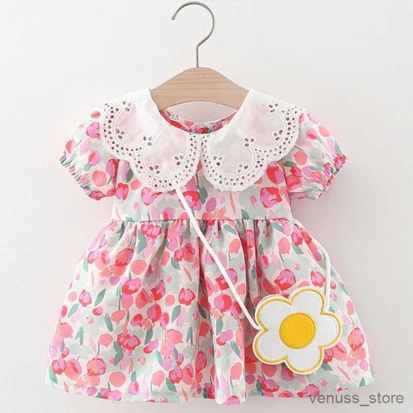 Mädchenkleider 2pcs/Set Sommerkleid für Mädchen Blume fliegende Ärmel rund Hals Baumwolle Baby Kleidung Trend Kleinkind Kinder Kostümanzug+ Tasche