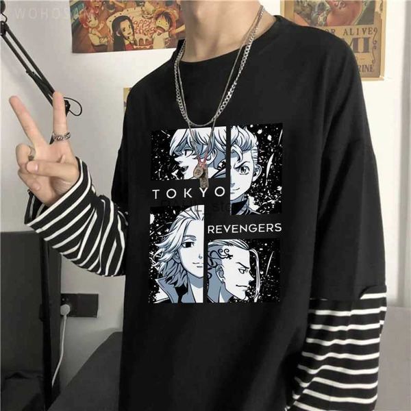 Homens camisetas Japão Anime Tokyo Revengers Manga Longa Camiseta Harajuku Cool Friends Manga Manjirou Sano Homens Oversized Outono Listrado T-shirtL2312.21