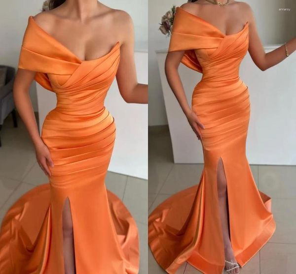 Partykleider Elegant Orange Meerjungfrau Abend lang für Frauen Plus Size One Shoulder Drapierte Side Split Satin Geburtstag Prom Kleider