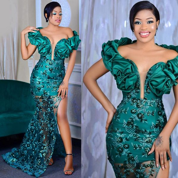 Emerald Green Aso Ebi Prom Elbiseler Denizkızı Kapalı Omuz İllüzyon Dantel Boncuklu Özel Durumlar için Resmi Elbise Bithday Party Gowns İkinci Resepsiyonlar NL084