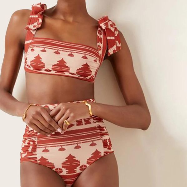 Wear impresso split maiô alças largas retro quadrado pescoço exótico biquíni sexy moda ajuste feminino beachwear verão 2022