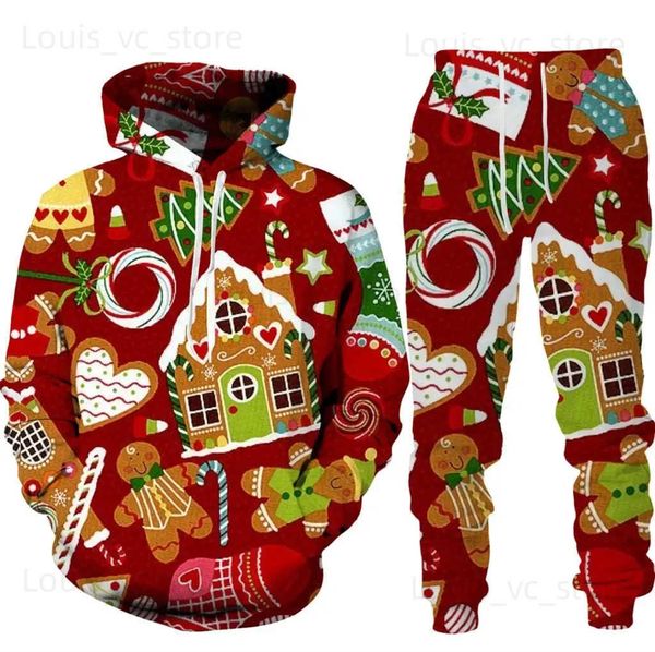 Capuz de moletons masculinos Personalidade Natal Papai Noel Claus Autumn Inverno 3D Menino Mulheres Capuz/Calças/Terno Padrão de moda Sportswear Conjunto T231221