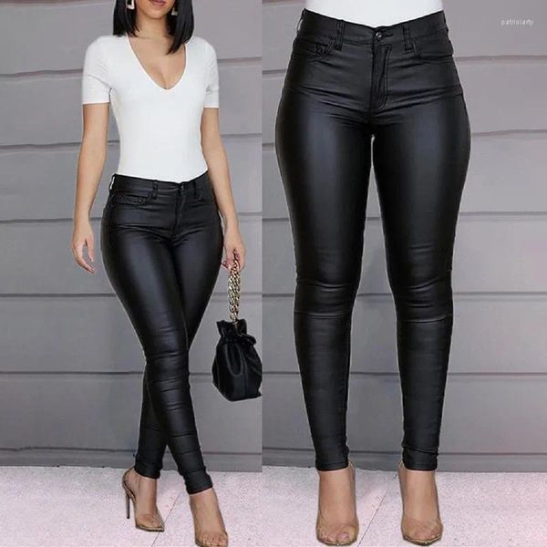 Pantaloni da donna 2023 Pantaloni aderenti aderenti elasticizzati sexy neri in pelle PU da donna Matita casual lunga a vita alta