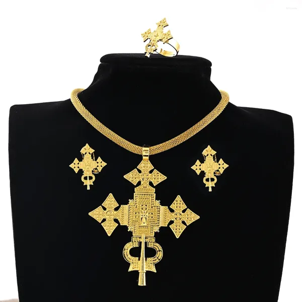 Halskette Ohrringe Set Ethiopian Eritrea Cross Halsketten Ringe für Frauen Mädchen afrikanische ethnische Hochzeitsfeier Geschenke