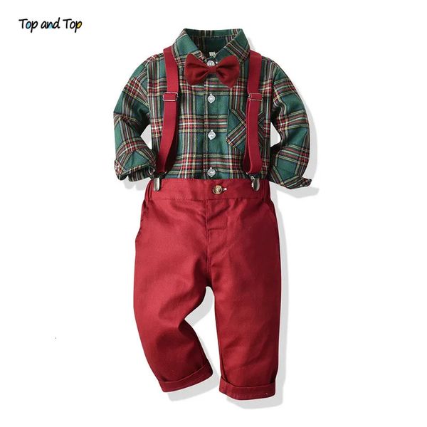 Top e Top Abbigliamento per ragazzi per bambini Set Autunno Inverno Bambini Camicia formale Top Pantaloni a bretella 2 pezzi Completo per bambini Abiti natalizi 231220