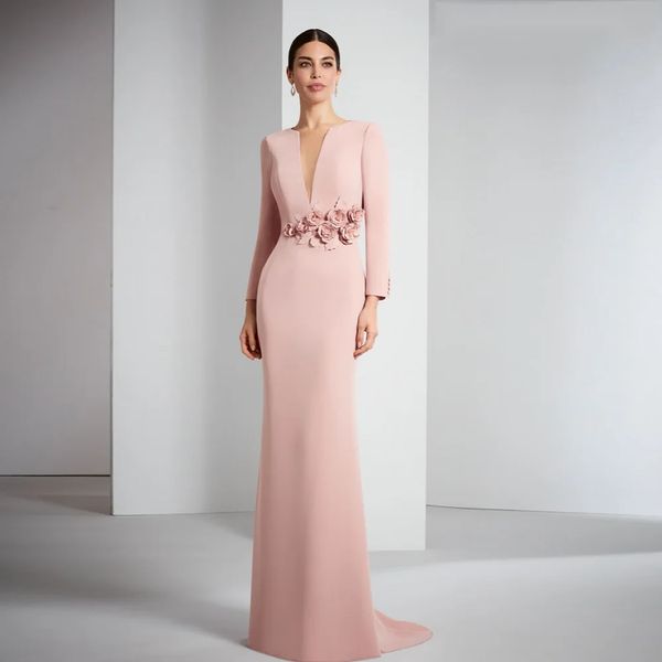 Elegante abito rosa della madre della sposa 2024 V CORCHE maniche lunghe abiti da matrimonio 3d Fiori lunghi lunghi lunghi pavimenti