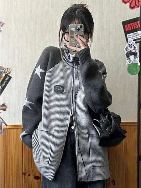 Deptown Y2K American Vintage Grey Cardigans Frauen Harajuku Streetwear Star Graphics Pullover Korean Grunge Reißverschluss auf Strickt Spitzen 231220