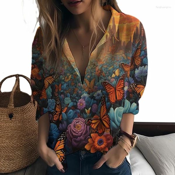 Kadın Bluzları Bahar Kelebek 3d Baskı Kadın Gömlek Moda Güzel Sokak Giyim Harajuku Gündelik Uzun Kollu Giyim