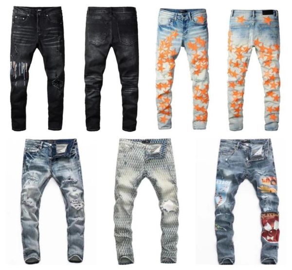 Designer-Stack-Jeans, europäisch, lila Jeans, Herren, Stickerei, Steppung, zerrissen, für Trendmarke, Vintage-Hose, Herren, gefaltet, schmal, dünn, Mode 6184814