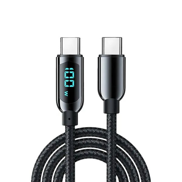 100W USB C TO USB C CABELO CABELO FASTO CABO DE NYLON DE NYLON com tela LED para iOS, Android, LPAD, MacBook, Samsung e etc.