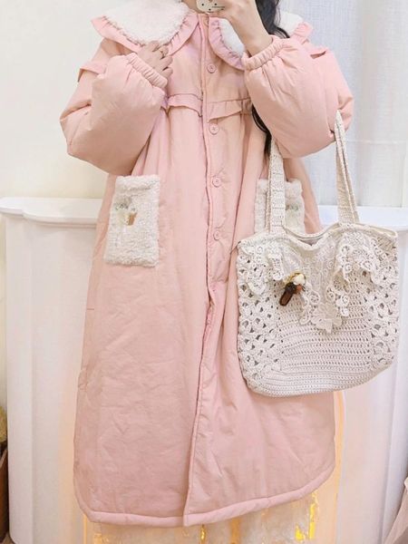 Damengrabenmäntel Mori Girl Pink Netter Puppenkragen loser dicker Winterwatte-Padd-Jacke Mantel