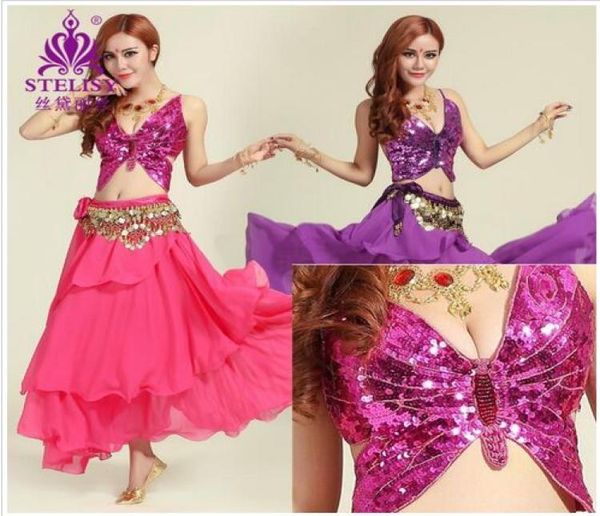 Traje de dança do ventre frisado borboleta roupas terno conjunto sutiã 75c 80c 85c cinto saia miçangas dança do ventre grânulo mais size5641879