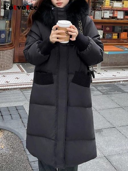 Trench da donna Fotvotee Piumino d'anatra Donna Collo in pelliccia con cappuccio Abiti di moda coreana Streetwear Addensare caldo piumino Elegante Parka