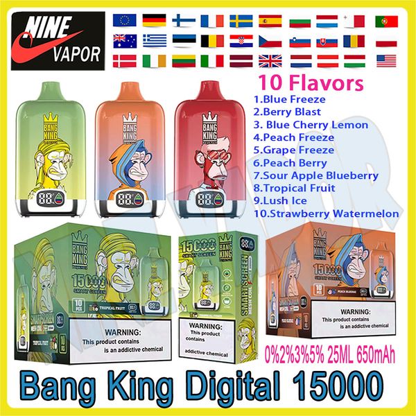 Autêntico Bang King Digital 15000 Smart Smart Puff Puff Disponível Vape Pen 25ml Preso preenchido de 650mAh Bateria recarregável Pushs 15k 0% 2% 3% 5% Kit