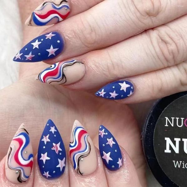 Falsche Nägel 24 Teile/schachtel Einzigartige Amerikanische Flagge Lange Mandel Gefälschte Einfache DIY Maniküre Werkzeug Drücken Sie Auf Abnehmbare Nagelspitze