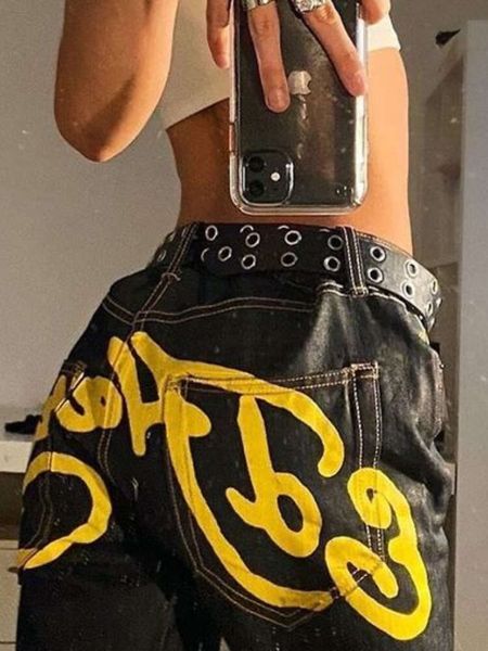 Jeans Erkek Kadınlar Hip Hop Mektubu Baskı Denim Baggy Pants 2023 Yeni Haruku Sıradan Punk Rock Geniş Bacak Pantolon Sokak Giyim