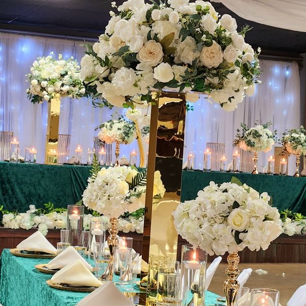 Coluna alta de metal dourado, vaso de flores retangular, candelabros de casamento, peças centrais para decoração de festa de casamento 141