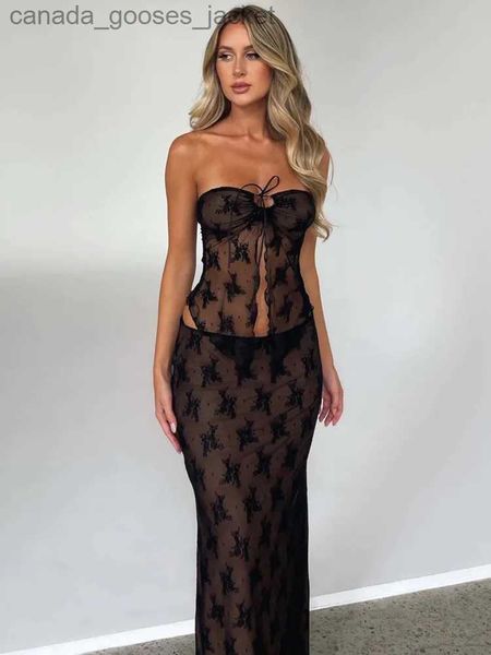 Vestido de duas peças Mozision Lace Imprimir Sexy Dress Set Mulheres Strapless Crop Top e Saia Longa Conjuntos de Correspondência Fe Night Club Party Two Piece Set L231221