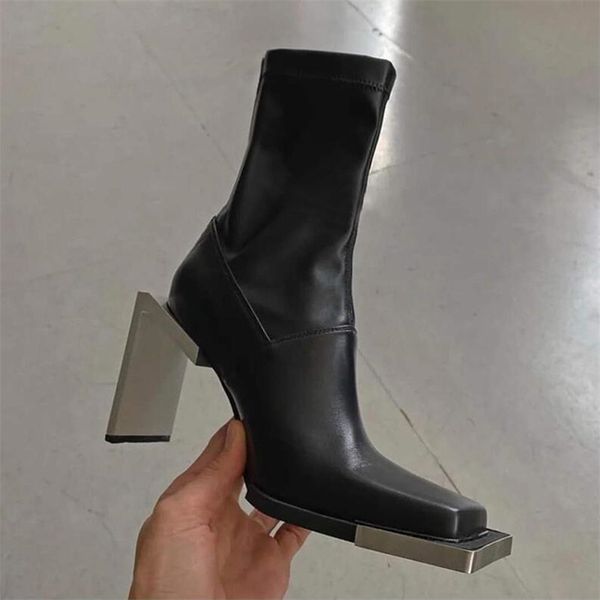 Frau Square Toe High Heel Schuh schwarze Frauen Mode dicker Boden -Knöchelstiefel