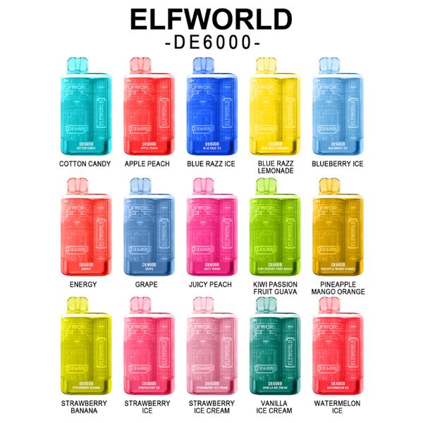 Atacado Original ELFWORL DE6000 Puffs Vape Descartável de Boa Qualidade Cigarro Elétrico Barato 550mAh Recarregável E-cigarro Vape Pen 15 Sabores em Estoque