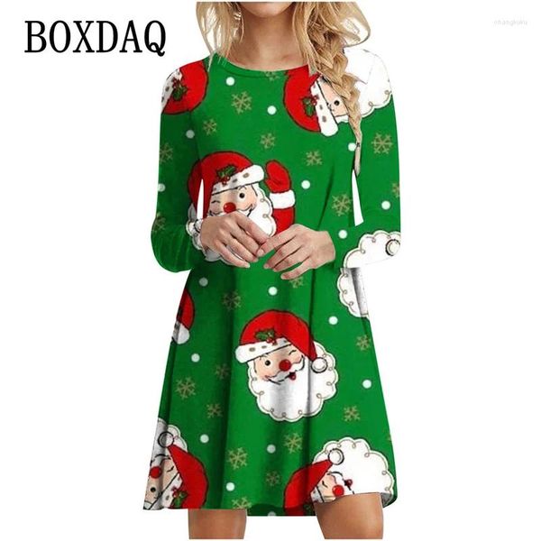 Lässige Kleider, süßer Weihnachtsmann, 3D-Cartoon-Druck, Damen-Kleid, Jahr, Party, Weihnachten, Herbst, Damen, lange Ärmel, O-Ausschnitt, lockere A-Linie