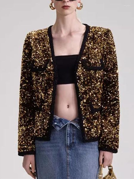 Jackets femininos femininos de lantejoulas de twin de gola O Gold tweed 2023 outono/inverno moda feminina versátil manga comprida botões de diamante outwear tops