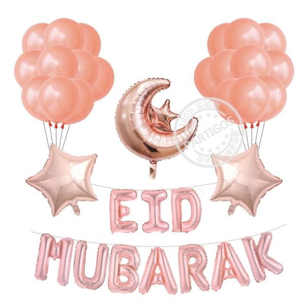 34pcs Set 16inch Rose Gold Eid Mubarak Balloons Ramadan Gold Silber 18 -Zoll -Mondstar für muslimische Eid Party Dekoration Supplies241Q