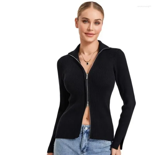 Damen-Strickpullover für Herbst und Frühling, einfarbig, Streetwear, doppelter Reißverschluss, Strickjacke, Stehkragen, lange Ärmel, schmale Rippstrick-Crop-Tops