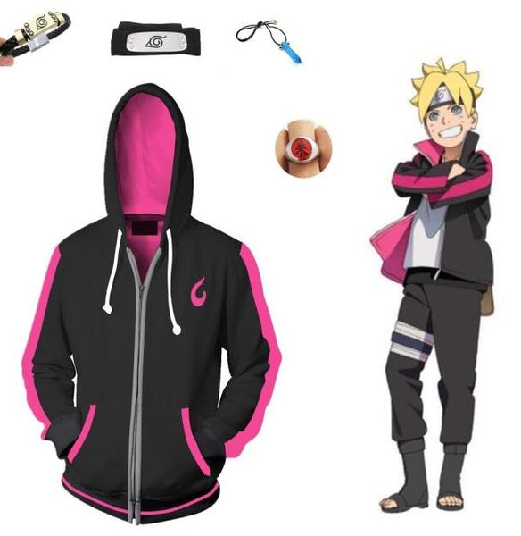 2020 Anime Uzumaki Boruto Hokage Unisex Zipper Design Costume Cosplay Giacca con cappuccio Cappotto Fascia Bracciale Anello Collana Set completo7760529