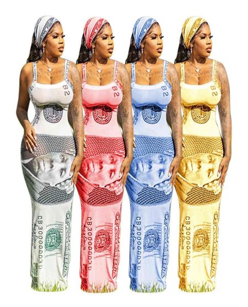 Geld Dollar Gedruckt Streetwear Lange Party Kleid Frauen Spaghetti Strap Wrap Brust Dünne Kleid Sommer Backless Robe Femme Schal X03682775