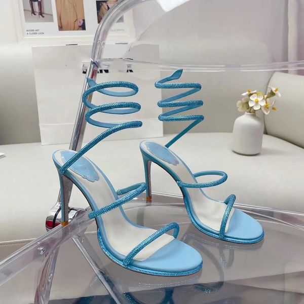 Yeni Rene Caovilla Cleo Stiletto Sandal Sandal Kristaller Gem Süslenmiş Topuklar Akşam Ayakkabı Kadın Yüksek Topuklu Lüks Tasarımcılar Parti Saraylı Elbise Ayakkabı 35-43 Kutu