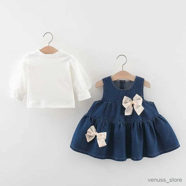 Meisje Jurken Zoete Herfst Set Meisjes Kids Prinses Lange Mouw T-shirt + Kinderen Baby Zuigelingen Jeans Boog Jurk vestidos 2 stuks Outfits