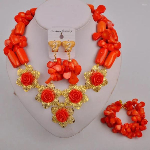Orecchini di collana set perle di corallo nigeriano arancione gioielleria africana da donna nuziale