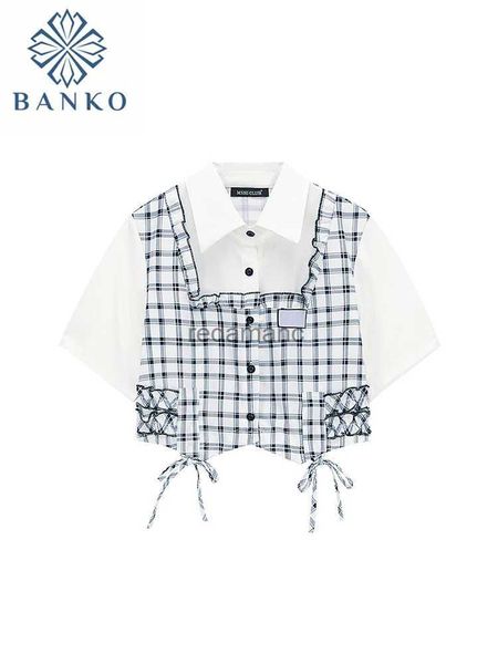 Damenblusen Hemden 2023 Mode neue gefälschte zwei Stücke Patchwork Design Frauen Hemd unregelmäßige klassische Plaidkordelschnüre Binde Crop Blouses Lapel Chic YQ231222