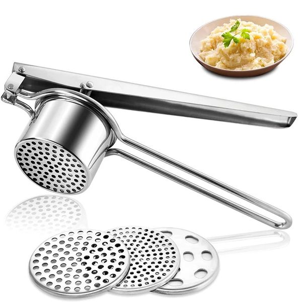 Lmetjma Edelstahl Kartoffel Ricer Manual Potato Masher mit 3 austauschbaren Scheiben Fruchtzitler Zitronen Squeezer KC0442 231221