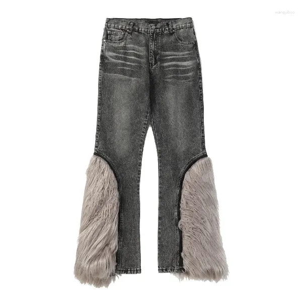 Calça de rua de jeans masculina de moda de rua vintage com decoração de peles