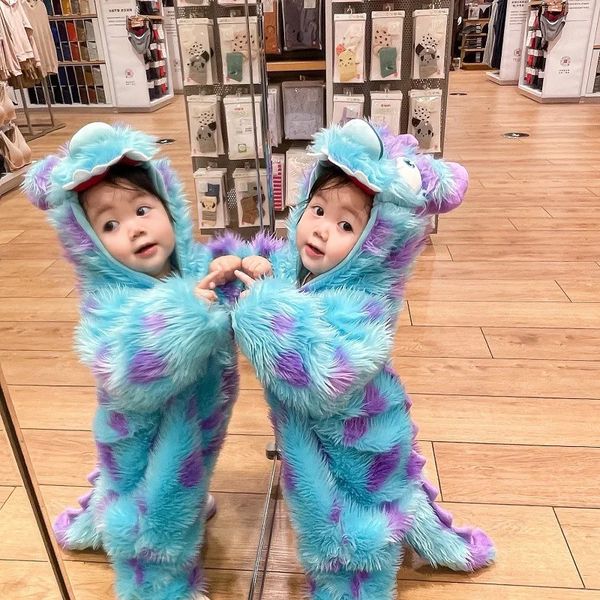 Niedliches Sully Monster Kostüm für Kinder Halloween Kawaii Outfit Baby Jungen Mädchen Winter Cosplay Kleidung warmer weicher Strampler Blauanzug 231221