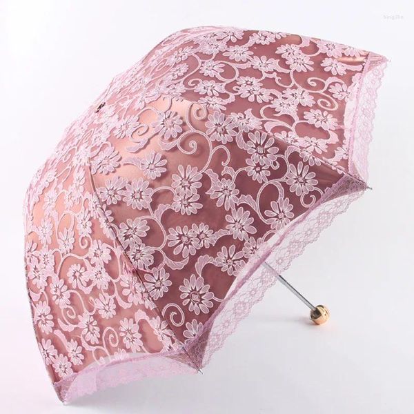 Ombrellas Donne Sun Rain ombrello elegante Princess Lace Sun Shade Three pieghevole Anti-UV Parasol