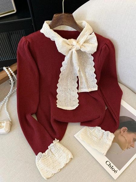 Suéteres femininos Mulheres Christmas Red Suplover Sweater Harajuku coreano 90s Y2K Bow mangas compridas Mangas de tricotado Vintage 2000s Roupas 2023