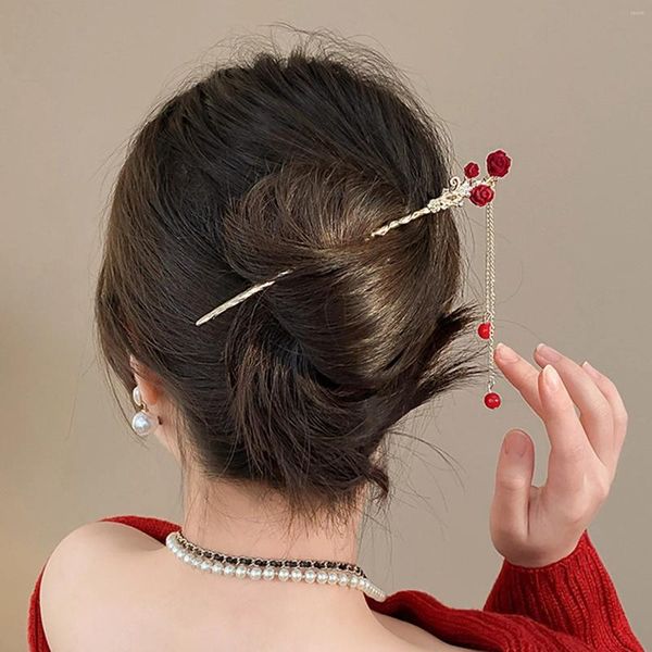 Grampos de cabelo chinês vara vermelha rosa floral hairpin tiaras para mulheres borla metal clássico meninas bun jóias menina retro bijoux