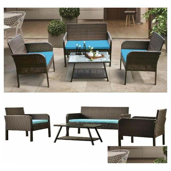 Gartensets Schiff von USA Fast Ups 4 -teilige Rattan -Sofa -Sitzgruppe mit Kissen Outdoor Ratten WF190610aac Drop Lieferung Home Furni Dhdq6